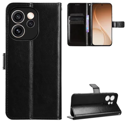 For Oppo Reno15 Pro Max 5G (Global) / Reno15 Pro 5G (China) PU Leather Case with Strap Crazy Horse Texture Phone Wallet Cover - Black