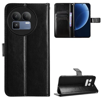 For Realme GT 8 5G PU Leather Case with Strap Crazy Horse Texture Phone Wallet Cover - Black