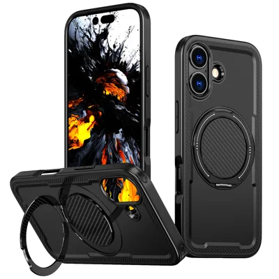 Hoesje voor iPhone 17, compatibel met MagSafe, TPU + PC telefoonhoesje met dempend draaibare standaard - Zwart