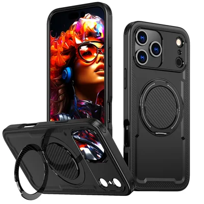 Чехол для iPhone 17 Pro, совместимый с MagSafe, чехол для телефона из ТПУ + поликарбоната с демпфирующей вращающейся стойкой — черный