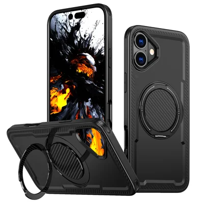 Funda para iPhone 16 compatible con MagSafe, carcasa de teléfono TPU + PC con soporte giratorio amortiguado - Negro