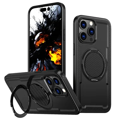Capa para iPhone 15 Pro Max Compatível com MagSafe, Capa de Telemóvel TPU + PC com Suporte Metálico Amortecido Rotativo - Preto
