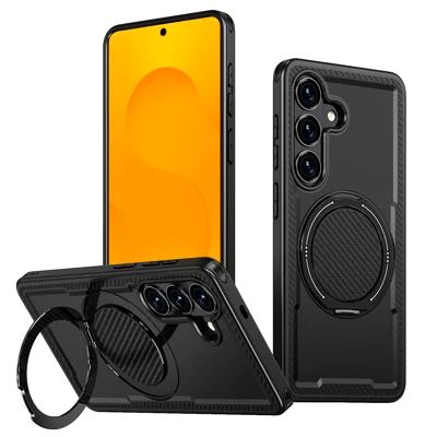 Cover per Samsung Galaxy S26 Compatibile con MagSafe Custodia per Telefono in TPU + PC con Supporto Rotante Ammortizzato - Nero