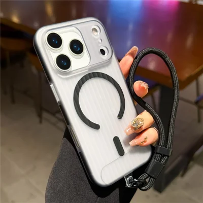 For iPhone 17 Pro Max Case Compatible with MagSafe Corrugated Texture TPU PC Phone Cover with Adjustable Wrist Strap - Black