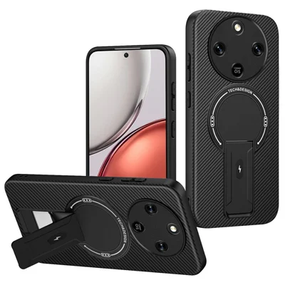 Phone Case For Honor Magic8 Lite 5G / X9d 5G / X70 5G Carbon Fiber Texture PC + TPU Phone Cover with Kickstand - Black