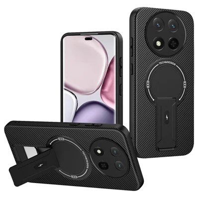 Phone Case For Honor Magic7 Lite 5G  /  X9c 5G  /  X60 Pro 5G Carbon Fiber Texture PC + TPU Phone Cover with Kickstand - Black