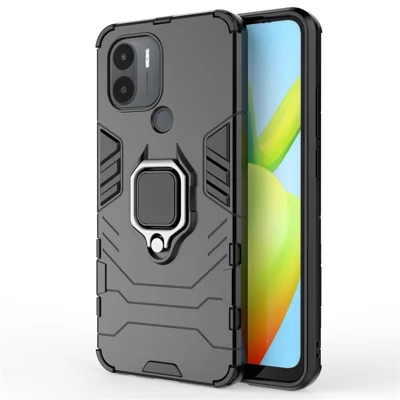 Cover per telefono con supporto ad anello e kickstand per Xiaomi Redmi A1+ 4G / A2+ 4G / Poco C50 4G, custodia ibrida protettiva antiurto in PC rigido e TPU morbido - Nero