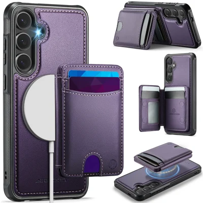 JEEHOOD For Samsung Galaxy S24 Magnetic Case  J10 Leather Back Phone Cover with Detachable Card Holder Kickstand - Purple