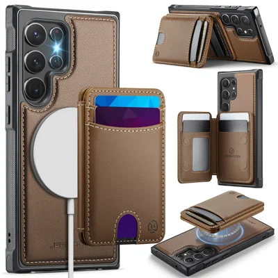 JEEHOOD For Samsung Galaxy S22 Ultra 5G Magnetic Case  J10 Leather Back Phone Cover with Detachable Card Holder Kickstand - Brown