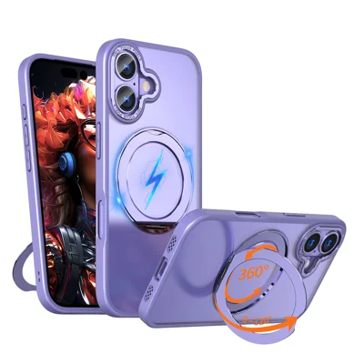 Voor iPhone 17 Hoesje Compatibel met MagSafe Skin-touch TPU + PC Telefoonhoes met Draaibare Standaard - Lila Paars