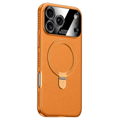 Für iPhone 17 Pro Max Hülle kompatibel mit MagSafe Ständer elektroplattiert PC PU Lederrückseite mit Kühlung - Orange