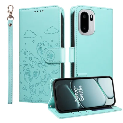 For OnePlus 15R 5G / Ace 6T 5G / Ace 6 5G Case RFID Blocking Imprinted Dog Pattern PU Leather Phone Cover with Wrist Strap - Green