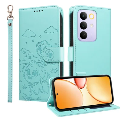 For Realme C85 Pro 4G Case RFID Blocking Imprinted Dog Pattern PU Leather Phone Cover with Wrist Strap - Green