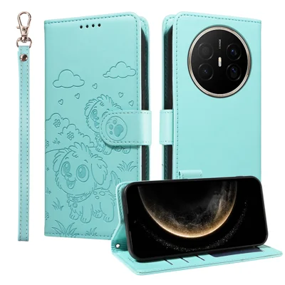 For Huawei Mate 70 Air Case RFID Blocking Imprinted Dog Pattern PU Leather Phone Cover with Wrist Strap - Green