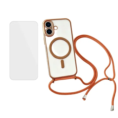 Hoesje voor iPhone 17, compatibel met MagSafe, met geëlokteerde rand en TPU-beschermhoes inclusief schermfolie / schouderband - Oranje