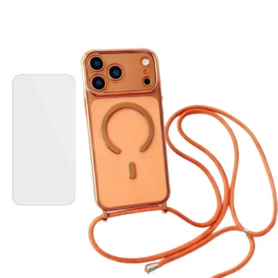 Coque pour iPhone 17 Pro Max compatible MagSafe avec bordure électroplacée, housse en TPU avec film d'écran / sangle d'épaule - Orange