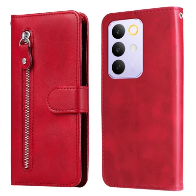 For Realme C85 Pro 4G PU Leather Cases with Zipper Pocket Wallet Phone Cover Stand - Red
