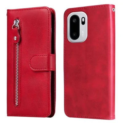 For OnePlus 15R 5G / Ace 6T 5G / Ace 6 5G PU Leather Cases with Zipper Pocket Wallet Phone Cover Stand - Red
