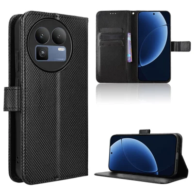 For Realme GT 8 5G Leather Wallet Case with Strap Diamond Texture Phone Cover - Black