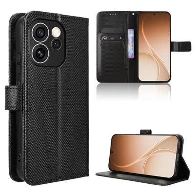 For Oppo Reno15 Pro Max 5G (Global) / Reno15 Pro 5G (China) Leather Wallet Case with Strap Diamond Texture Phone Cover - Black