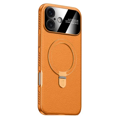 Funda para iPhone 16 Compatible con MagSafe con Soporte de Pie Electrochapado de PC y Cuero PU Funda Trasera de Enfriamiento - Naranja