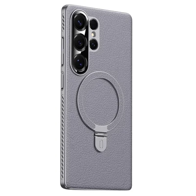 For Samsung Galaxy S24 Ultra Magnetic Case Kickstand Electroplated PC PU Leather Cooling Phone Back Cover - Grey