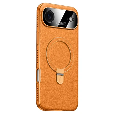 Capa para iPhone Air Compatível com MagSafe com Suporte de Apoio e Revestimento Eletrolítico em PC e Pele PU, Capa Traseira de Arrefecimento - Laranja