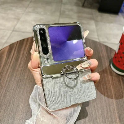 Capa para Huawei Pura X com Suporte de Anel, Textura Ondulada, Capa Rígida em PC com Película Traseira - Prata