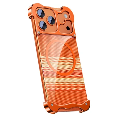 For iPhone 17 Pro Frameless Case Compatible with MagSafe Aramid Fiber Pattern Gilded Aluminum Alloy PC Back Phone Cover - Orange