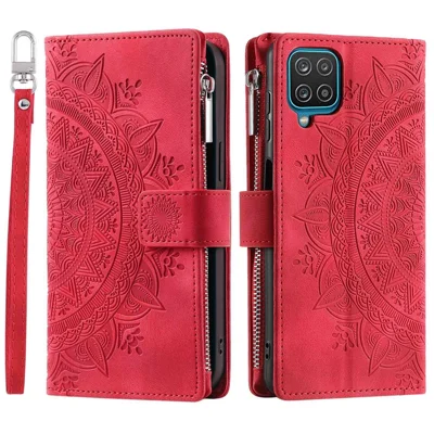 Multiple Card Slots Phone Cover For Samsung Galaxy A12 / M12 Mandala Flower Imprinted PU Leather Phone Case Stand Zipper Pocket Wallet with Strap - Rose