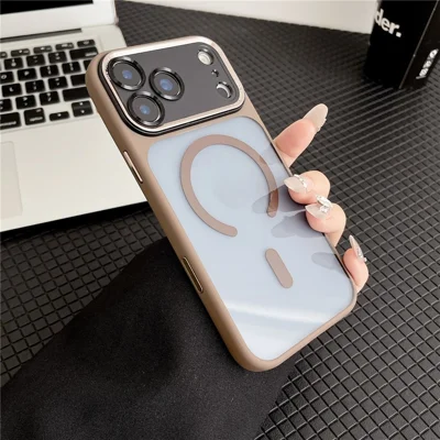 Coque hybride pour iPhone 17 Pro Max compatible MagSafe, coque de téléphone en TPU + acrylique avec bouton photo IA intégré - Brun