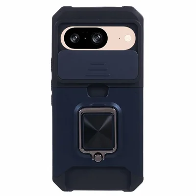 Phone Case For Google Pixel 10  /  10 Pro Kickstand Slide Lens Lid PC + TPU Phone Cover with Card Slot - Navy Blue