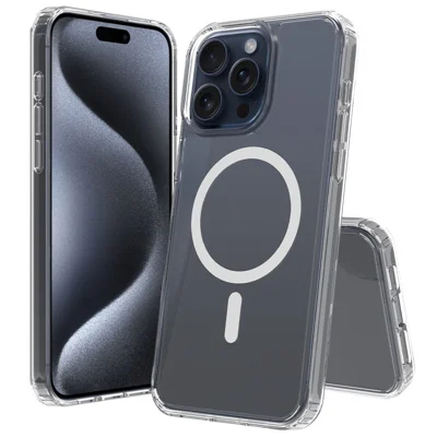 Achat en vrac pour coque magnétique iPhone 15 Pro Max transparente 1,5 mm en TPU et PC - Couverture arrière transparente