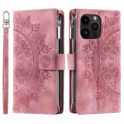For iPhone 13 Pro 6.1 inch Zipper Pocket Wallet Multiple Card Slots Phone Cover Mandala Flower Imprinted Stand PU Leather Phone Case with Strap - Rose Gold