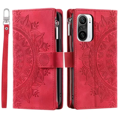 For Xiaomi Redmi K40 5G / K40 Pro 5G / K40 Pro+ 5G / Poco F3 / Mi 11i Anti-fall Mandala Flower Imprinted PU Leather Phone Cover Stand with Multiple Card Slots Zipper Pocket Wallet Case - Rose