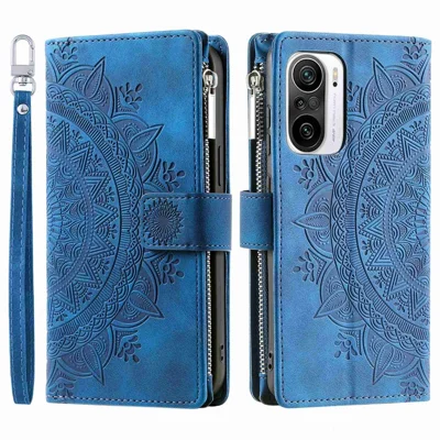 Für Xiaomi Redmi K40 5G / K40 Pro 5g / K40 Pro+ 5g / Poco F3 / Mi 11i Anti-fall-mandala-blume Eingeprägte PU Leder-telefonabdeckständer Mit Mehreren Kartenschlitzen Reißverschluss Taschenbrieftasche Hülle - Blau