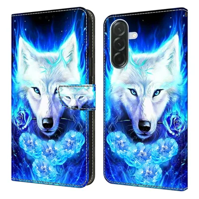Funda de cuero para Samsung Galaxy A57 con estampado de patrón, tapa con billetera y soporte - Lobo blanco