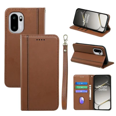 For OnePlus 15R 5G / Ace 6T 5G / Ace 6 5G Wallet Case Magnetic Closing PU Leather Phone Cover with Wrist Strap - Brown