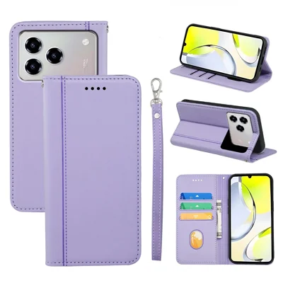 For ZTE Blade A76 4G Wallet Case Magnetic Closing PU Leather Phone Cover with Wrist Strap - Purple