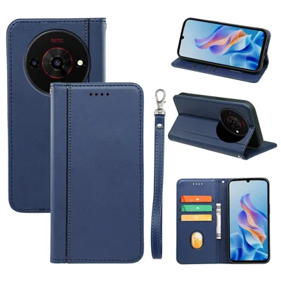 For ZTE Blade A76 5G Wallet Case Magnetic Closing PU Leather Phone Cover with Wrist Strap - Blue