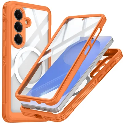 Étui magnétique pour Samsung Galaxy S26 / S26 Pro, coque en PC + TPU avec film de protection d'écran en verre trempé - Orange