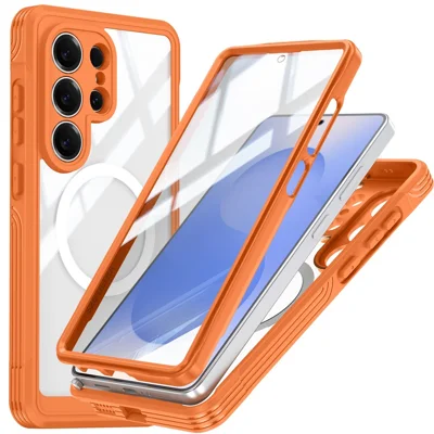 For Samsung Galaxy S26 Ultra Magnetic Case PC + TPU Phone Cover with Tempered Glass Screen Film - Orange