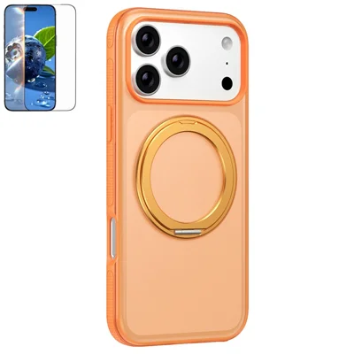 Funda magnética para iPhone 17 Pro compatible con MagSafe, funda giratoria 360° de TPU y PC con película de vidrio templado - Naranja titanio
