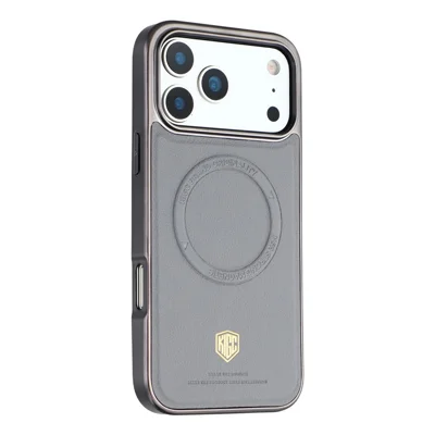 Étui KIGC pour iPhone 17 Pro compatible MagSafe, coque de téléphone en PC + TPU + PU avec placage électrolytique - Gris