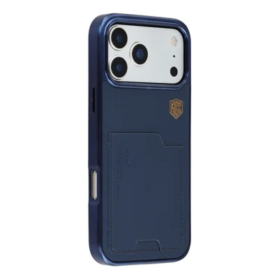 KIGC Funda para iPhone 17 Pro Max de Cuero + PC + TPU con Revestimiento Electrolítico y Ranura para Tarjetas - Azul