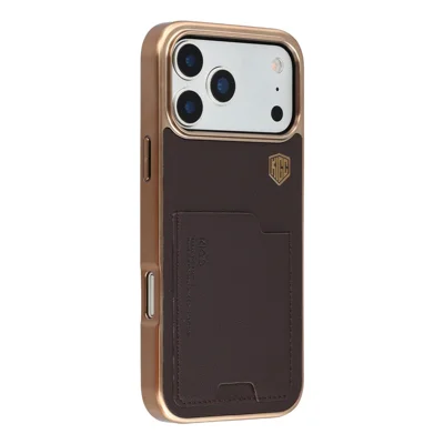 KIGC For iPhone 17 Pro Max Case Leather + PC + TPU Electroplating Phone Cover with Card Holder - Titanium Gold