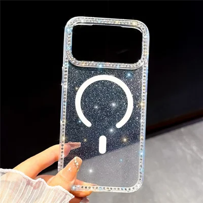 For iPhone 17 Pro Max Kompatibel med MagSafe Strasskant Glitterbag TPU + PC IMD-telebeskyttelse - Glitter Gennemsigtig