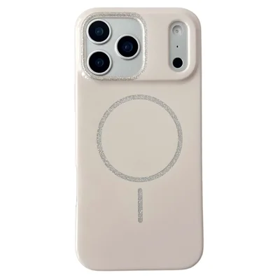 Coque pour iPhone 17 Pro Max compatible MagSafe, design paillettes, housse arrière en TPU et PC - Beige