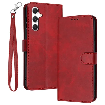 Bulk Purchasing For Samsung Galaxy A18 5G / A18 4G / A17 5G / A17 4G / A26 5G / A16 5G / A16 4G Wallet Case Flip Stand Calf Texture PU Leather Phone Cover with Strap - Red
