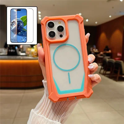 Capa para iPhone 15 Pro Compatível com MagSafe, Design de Dupla Cor, Capa à Prova de Choques com Filme de Vidro Temperado - Laranja / Azul